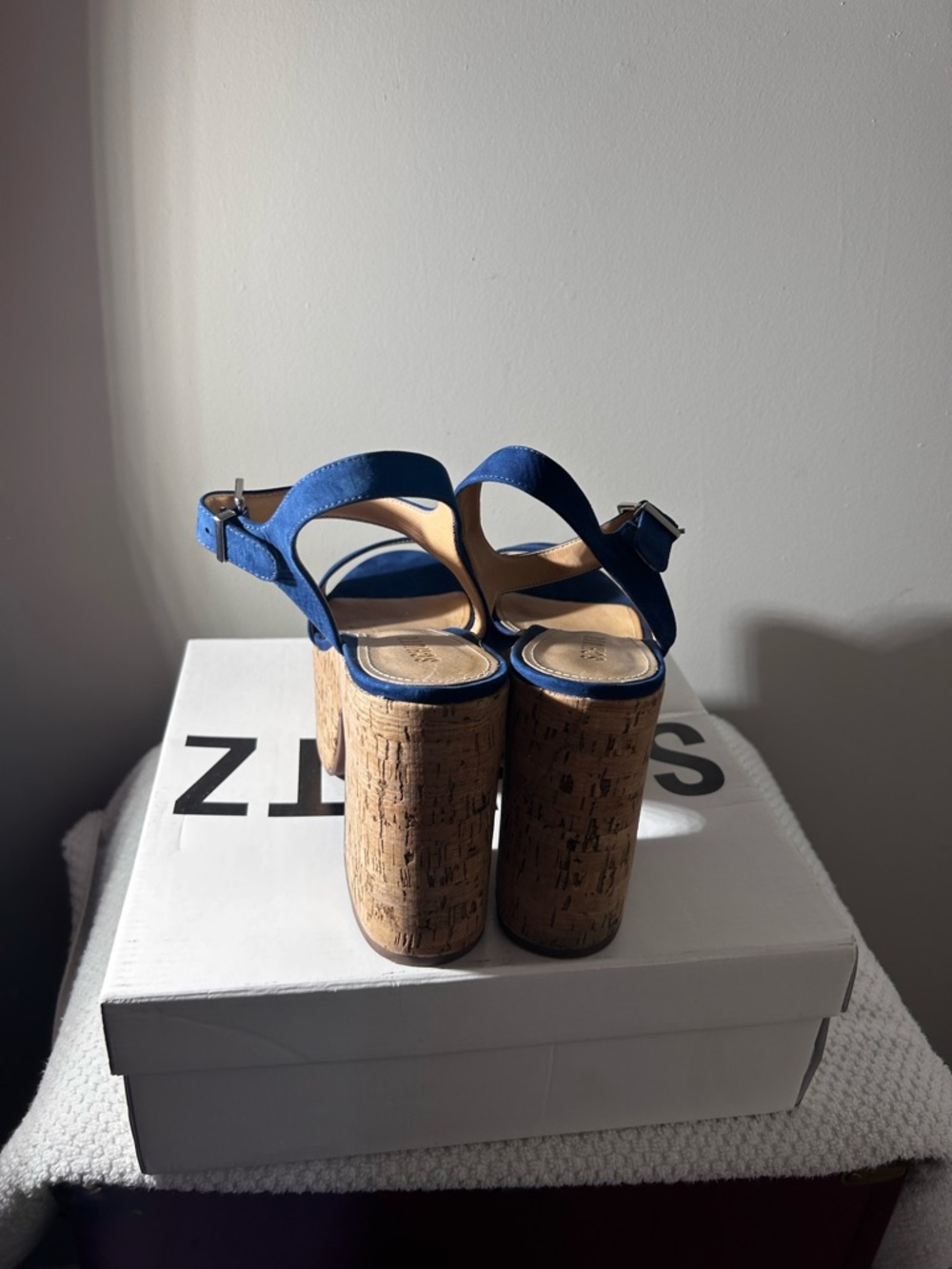 Schutz Sz 10 Blue Suede Cork Platform Sandals - Picture 7 of 16